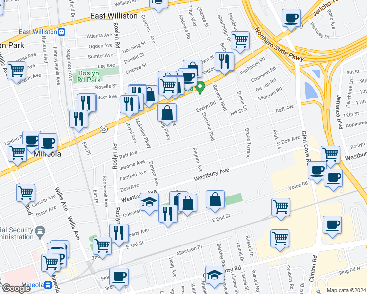 map of restaurants, bars, coffee shops, grocery stores, and more near 138 Jerome Avenue in Mineola