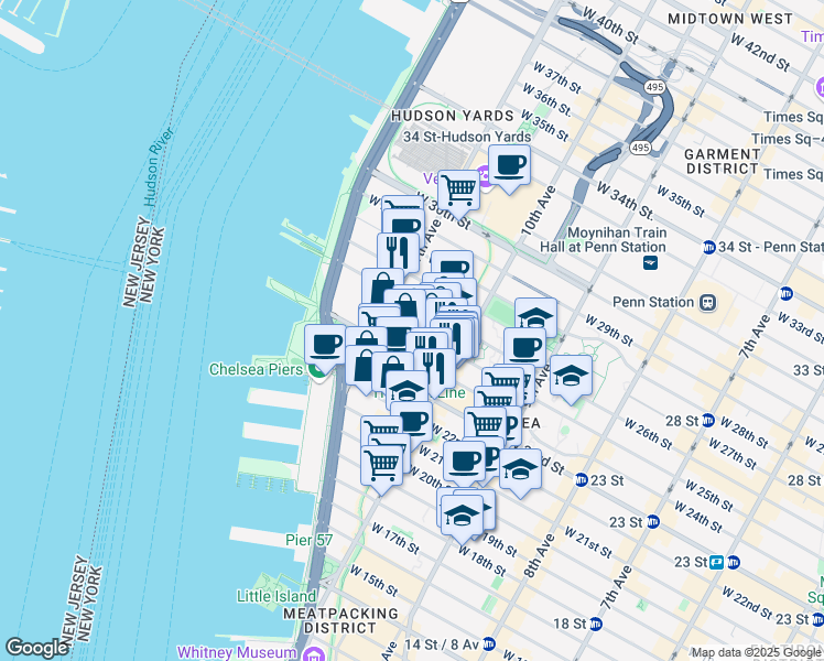 map of restaurants, bars, coffee shops, grocery stores, and more near 540 West 25th Street in New York