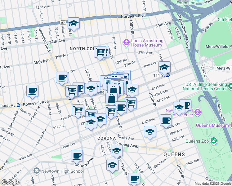 map of restaurants, bars, coffee shops, grocery stores, and more near 40-04 National Street in Queens