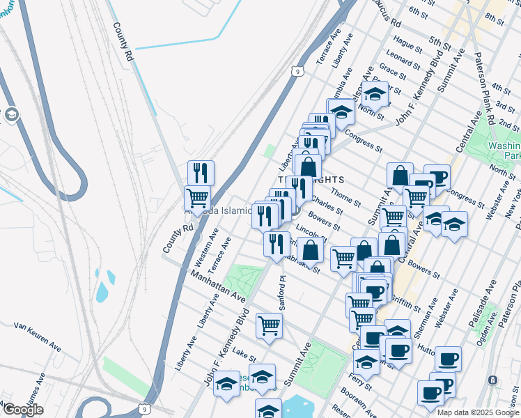 map of restaurants, bars, coffee shops, grocery stores, and more near Liberty Avenue in Jersey City