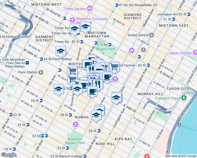 map of restaurants, bars, coffee shops, grocery stores, and more near 7 West 34th Street in New York