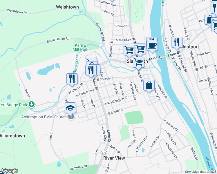map of restaurants, bars, coffee shops, grocery stores, and more near 247 2nd Street in Slatington