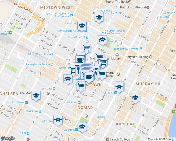 map of restaurants, bars, coffee shops, grocery stores, and more near 45 West 34th Street in New York
