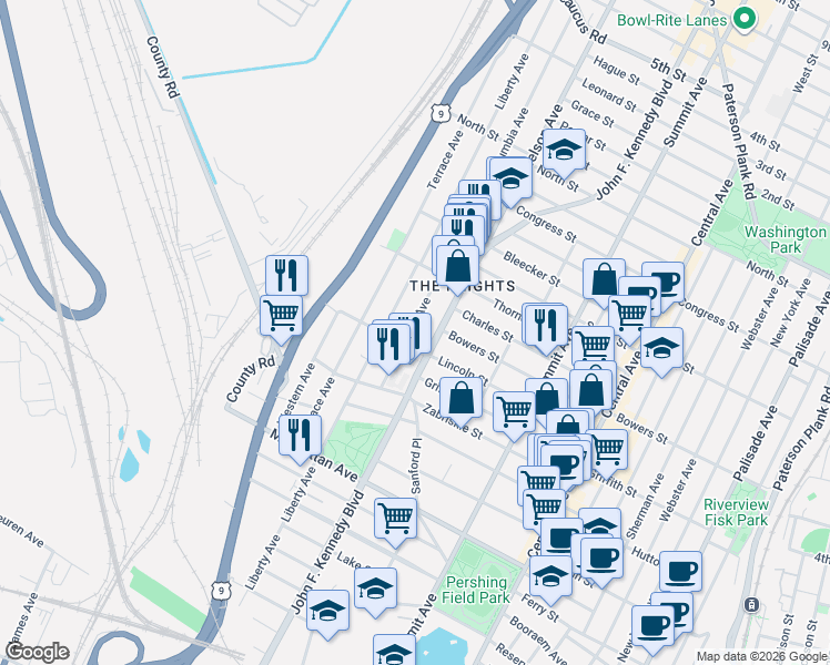 map of restaurants, bars, coffee shops, grocery stores, and more near 28 Columbia Avenue in Jersey City