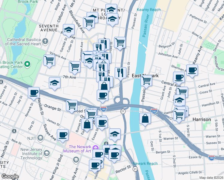 map of restaurants, bars, coffee shops, grocery stores, and more near 2 Spring Street in Newark