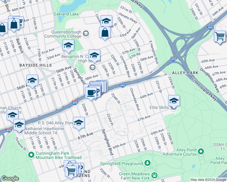 map of restaurants, bars, coffee shops, grocery stores, and more near 6101 224th Street in Queens