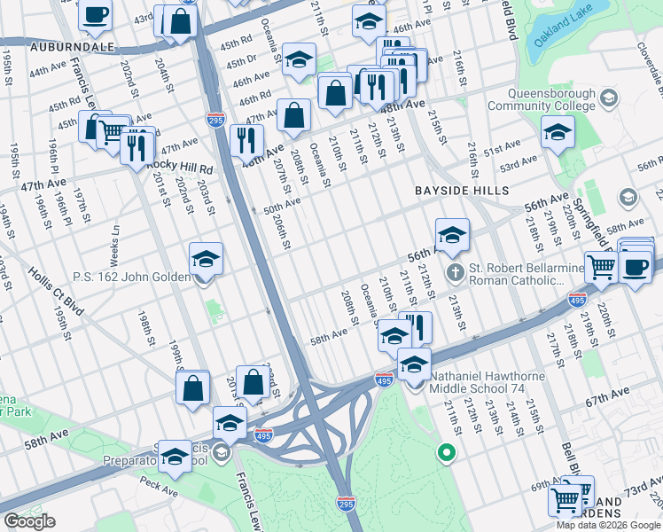 map of restaurants, bars, coffee shops, grocery stores, and more near 52 207th Street in Queens