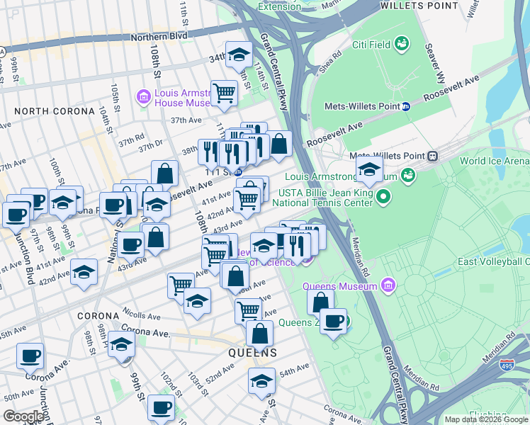 map of restaurants, bars, coffee shops, grocery stores, and more near 111-13 44th Avenue in Queens