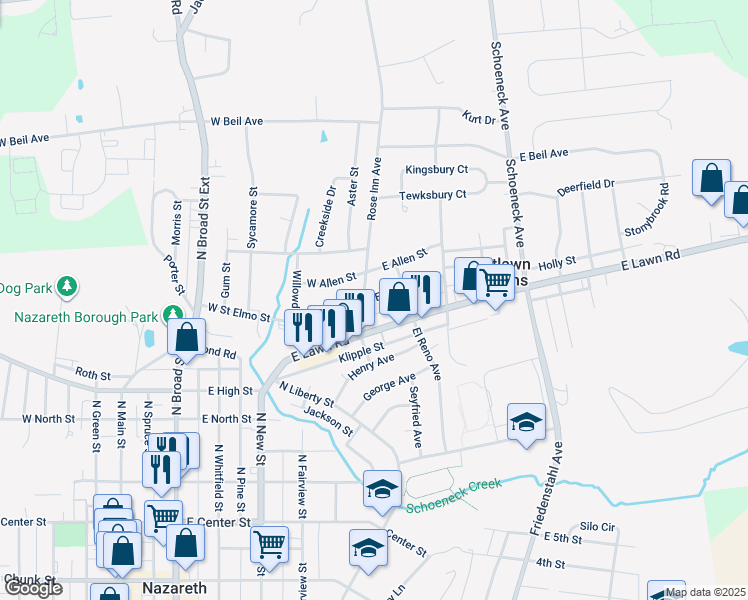 map of restaurants, bars, coffee shops, grocery stores, and more near 10 East Saint Elmo Street in Nazareth