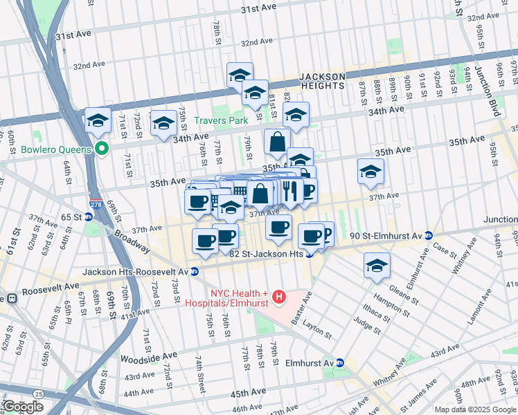 map of restaurants, bars, coffee shops, grocery stores, and more near 3545 79th Street in Queens