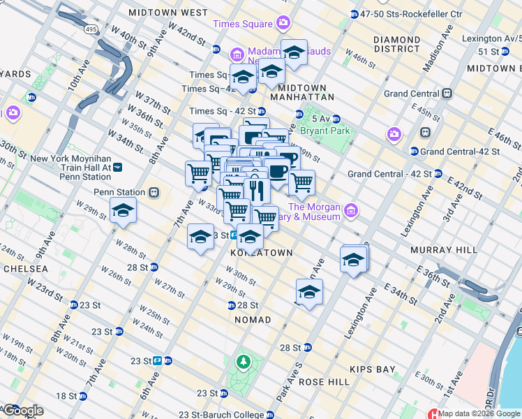 map of restaurants, bars, coffee shops, grocery stores, and more near 45 West 34th Street in New York