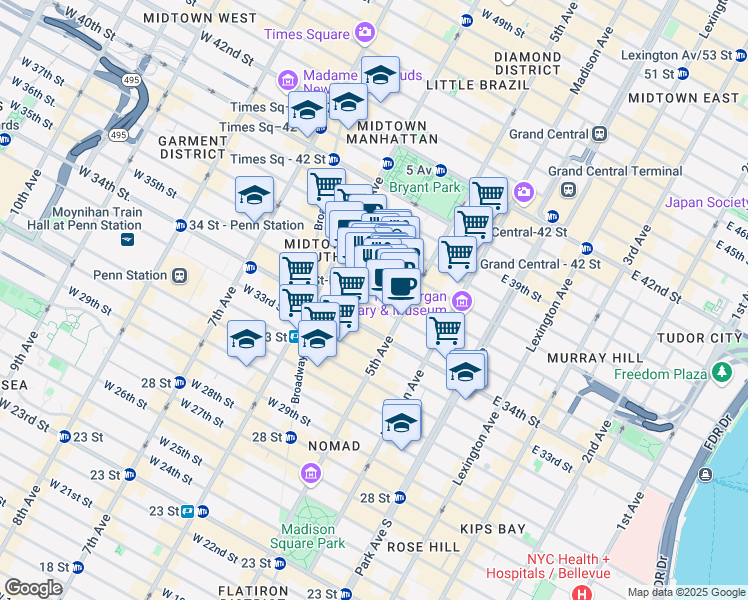 map of restaurants, bars, coffee shops, grocery stores, and more near 18 West 37th Street in New York