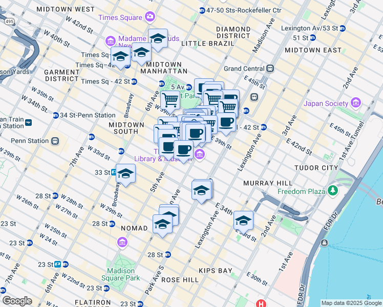 map of restaurants, bars, coffee shops, grocery stores, and more near 16 East 37th Street in New York