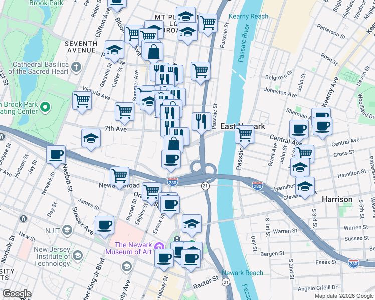 map of restaurants, bars, coffee shops, grocery stores, and more near 2 Spring Street in Newark