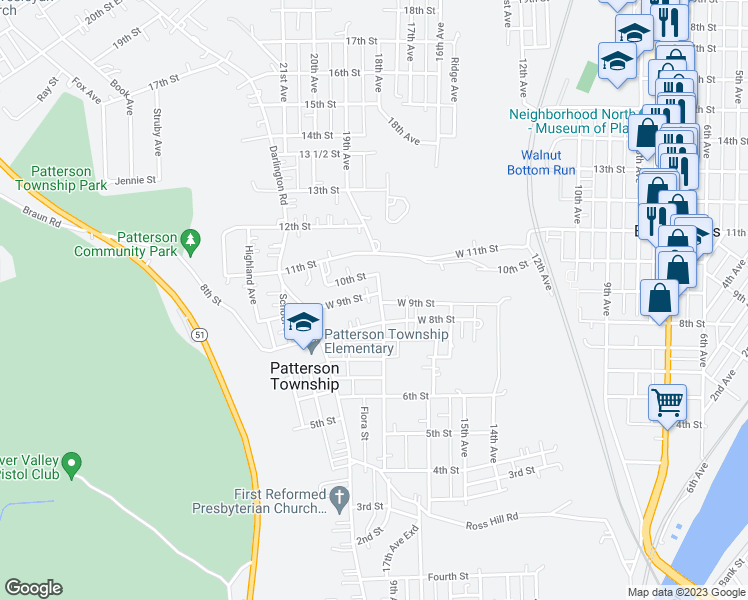 map of restaurants, bars, coffee shops, grocery stores, and more near 1801 West 9th Street in Beaver Falls