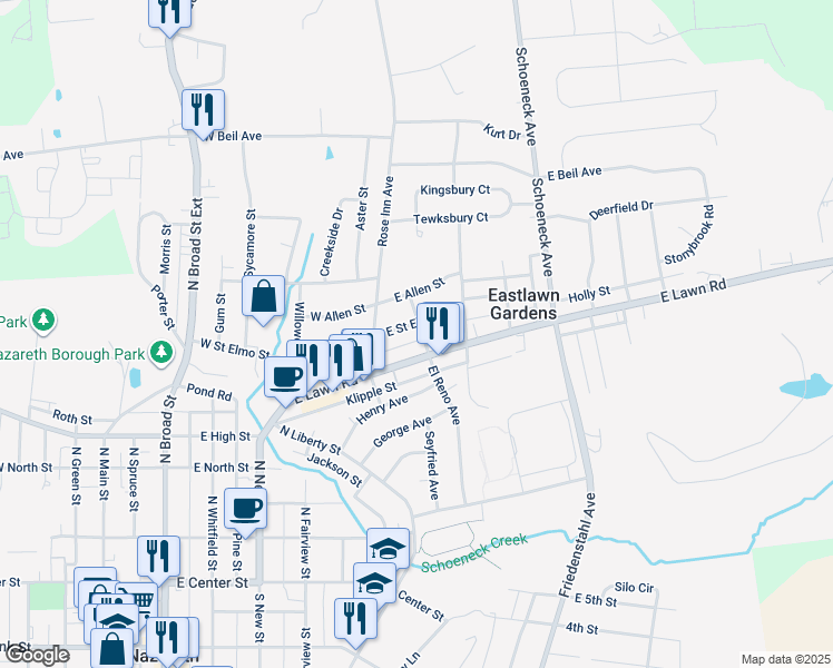 map of restaurants, bars, coffee shops, grocery stores, and more near 38 East Saint Elmo Street in Nazareth