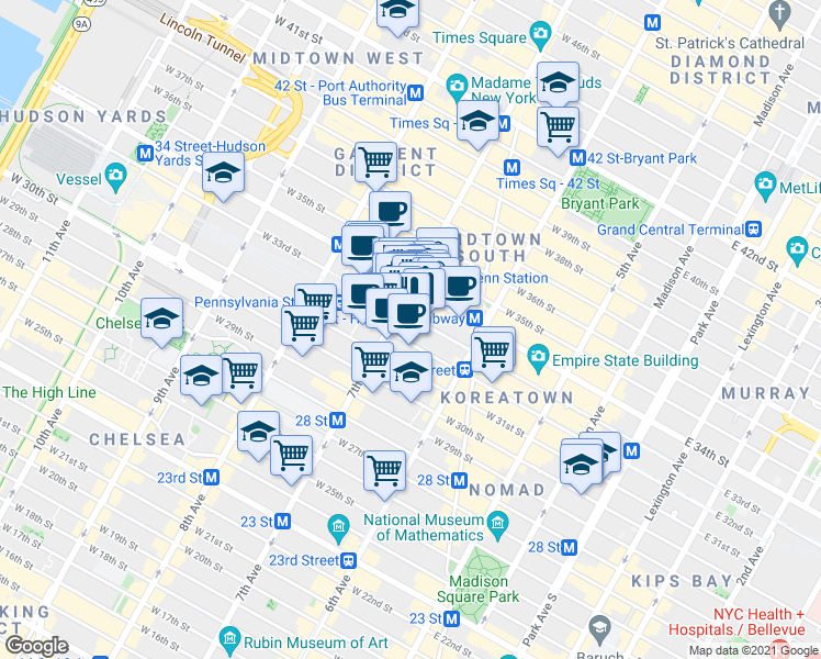 map of restaurants, bars, coffee shops, grocery stores, and more near 401 7th Avenue in New York
