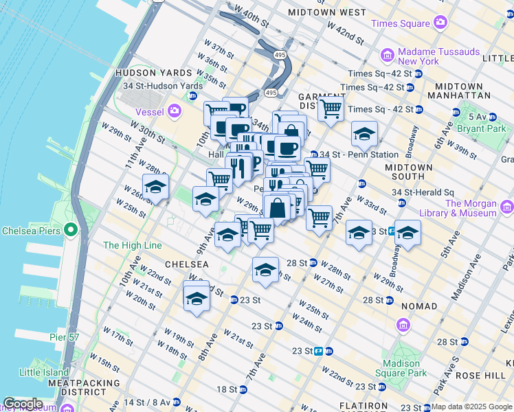 map of restaurants, bars, coffee shops, grocery stores, and more near 329 West 29th Street in New York