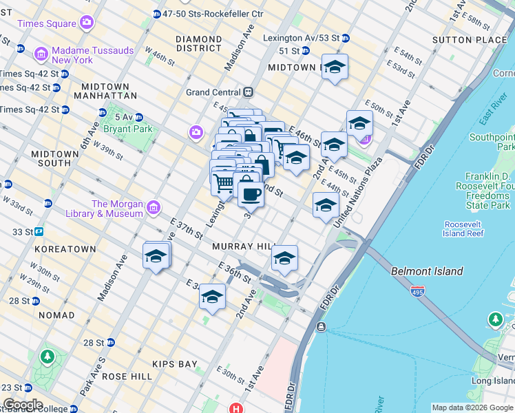 map of restaurants, bars, coffee shops, grocery stores, and more near 633 3rd Avenue in New York