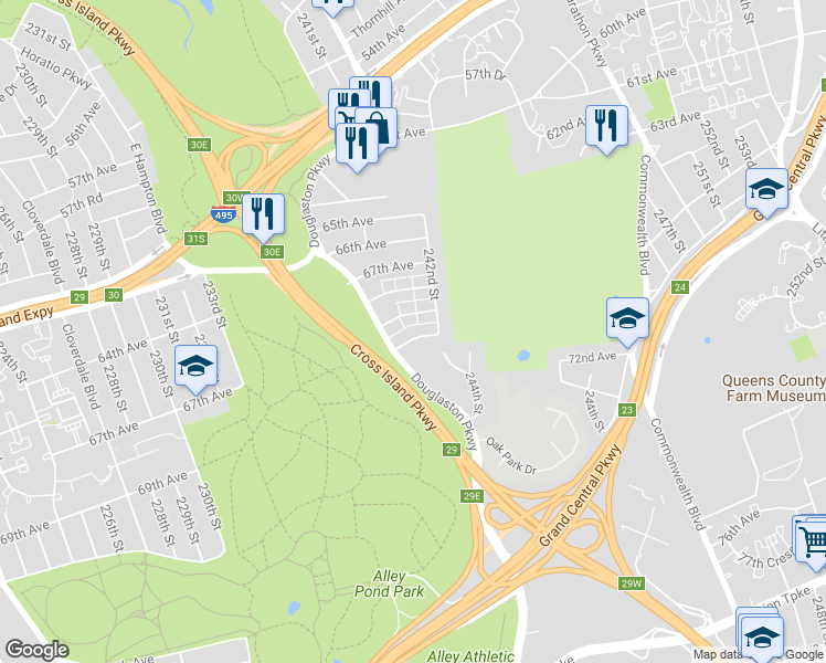map of restaurants, bars, coffee shops, grocery stores, and more near 240-51 69th Avenue in Queens
