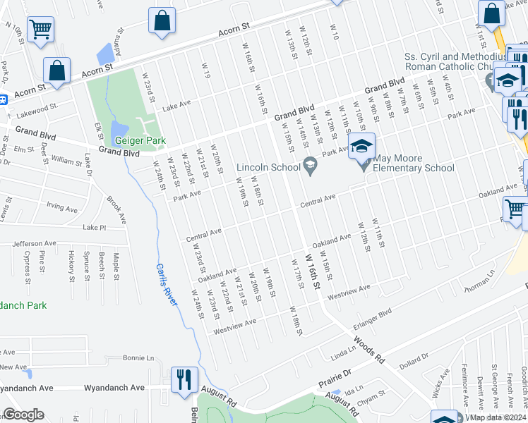 map of restaurants, bars, coffee shops, grocery stores, and more near 210 West 18th Street in Deer Park