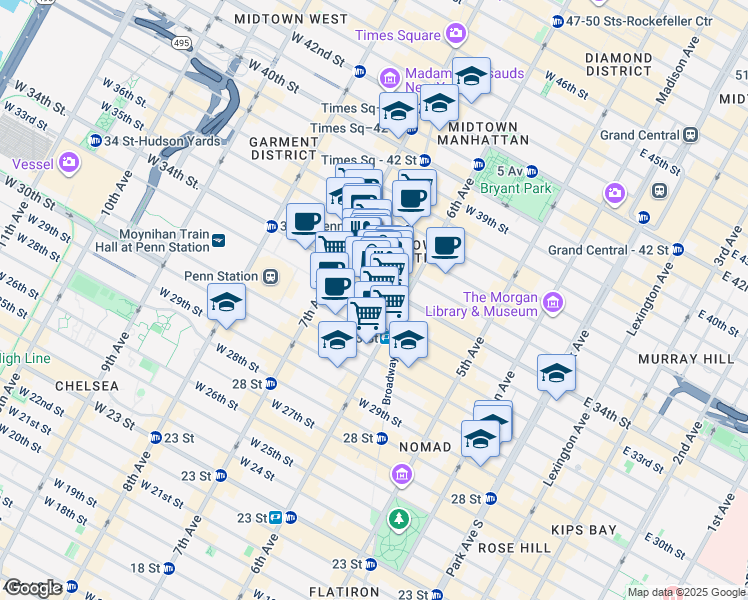 map of restaurants, bars, coffee shops, grocery stores, and more near 131 West 35th Street in New York
