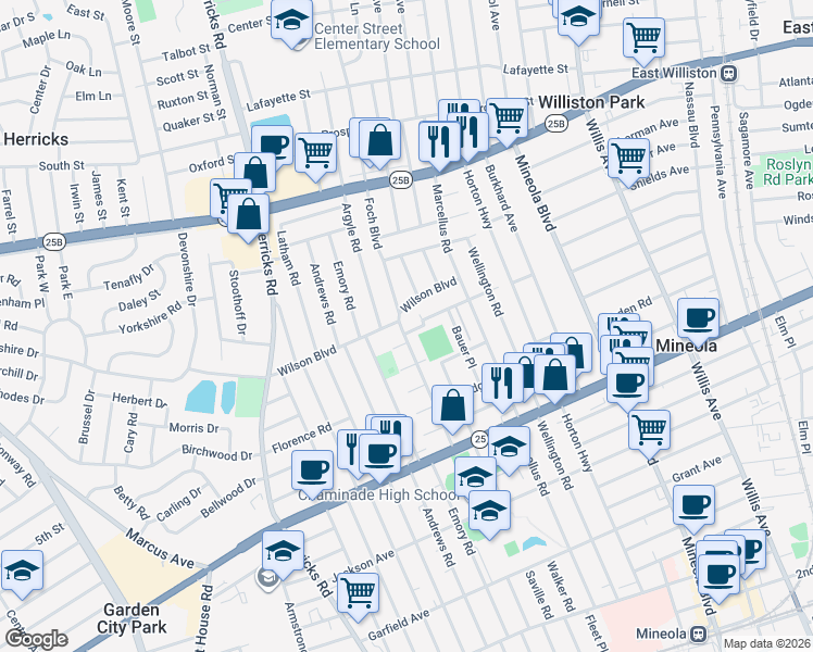 map of restaurants, bars, coffee shops, grocery stores, and more near 337 Wilson Boulevard in Mineola