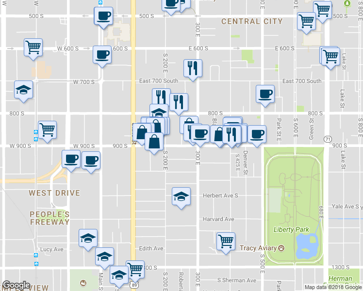 map of restaurants, bars, coffee shops, grocery stores, and more near 898 South Roberta Street in Salt Lake City