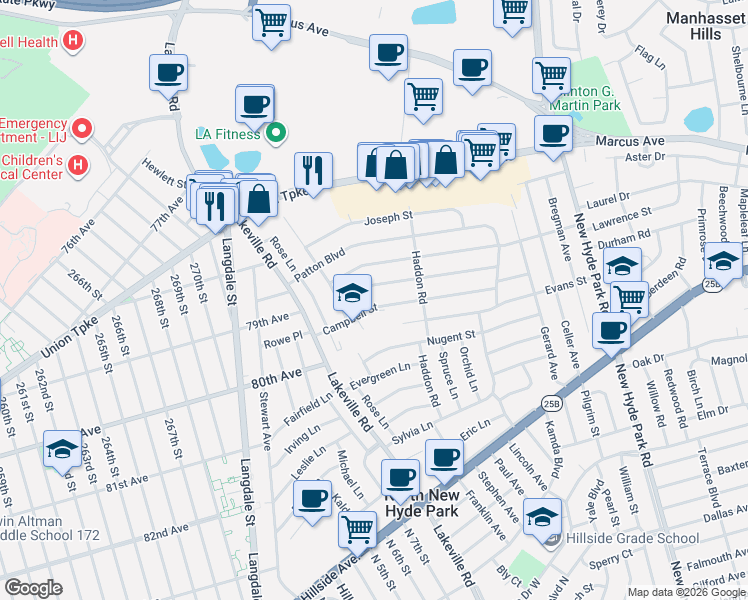 map of restaurants, bars, coffee shops, grocery stores, and more near 8 Lawrence Street in New Hyde Park