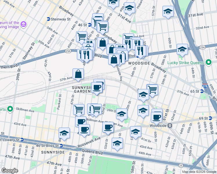 map of restaurants, bars, coffee shops, grocery stores, and more near 52-07 Barnett Avenue in Queens