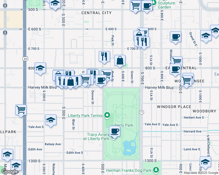 map of restaurants, bars, coffee shops, grocery stores, and more near 531 East 900 South in Salt Lake City
