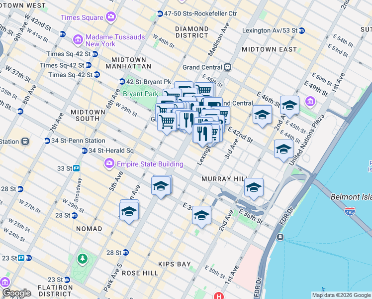 map of restaurants, bars, coffee shops, grocery stores, and more near in New York