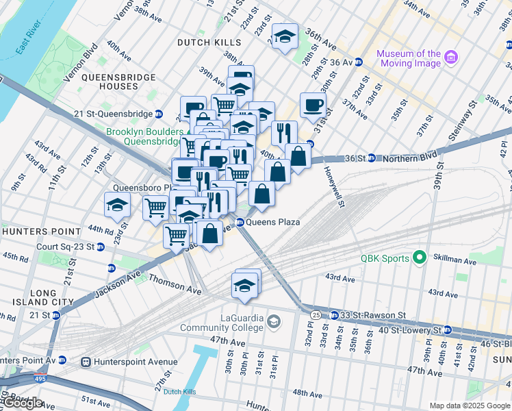 map of restaurants, bars, coffee shops, grocery stores, and more near Northern Blvd & 41st Ave in Queens
