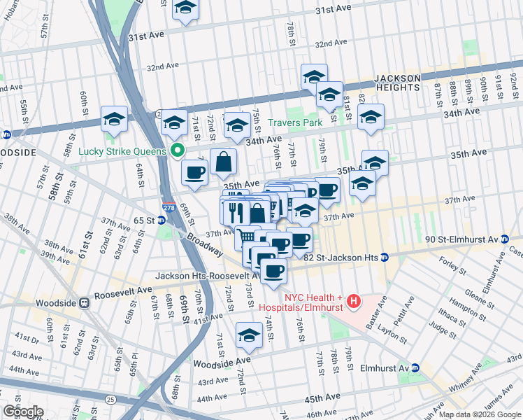 map of restaurants, bars, coffee shops, grocery stores, and more near in Queens