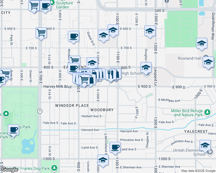 map of restaurants, bars, coffee shops, grocery stores, and more near 866 South McClelland Street in Salt Lake City
