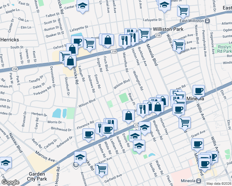 map of restaurants, bars, coffee shops, grocery stores, and more near 337 Wilson Boulevard in Mineola