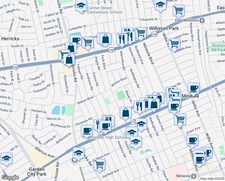 map of restaurants, bars, coffee shops, grocery stores, and more near 337 Wilson Boulevard in Mineola
