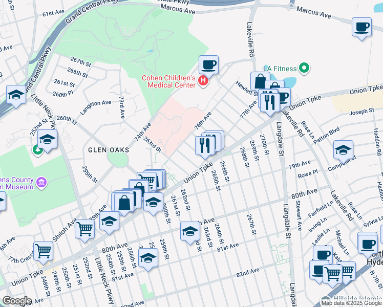 map of restaurants, bars, coffee shops, grocery stores, and more near 76-04 265th Street in Queens