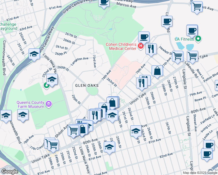 map of restaurants, bars, coffee shops, grocery stores, and more near 74-22 263rd Street in Queens
