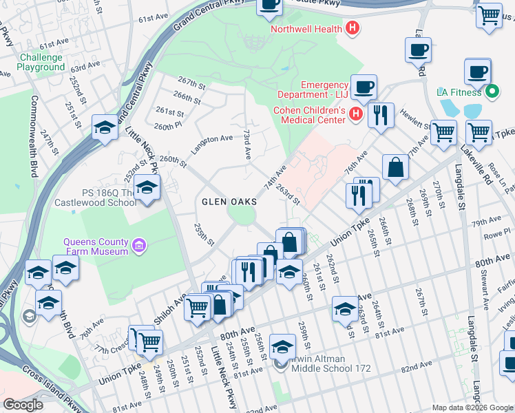 map of restaurants, bars, coffee shops, grocery stores, and more near 260-33 74th Avenue in Queens