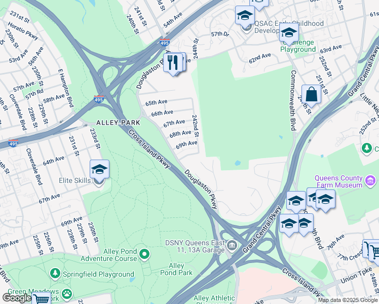 map of restaurants, bars, coffee shops, grocery stores, and more near 240-51 69th Avenue in Queens