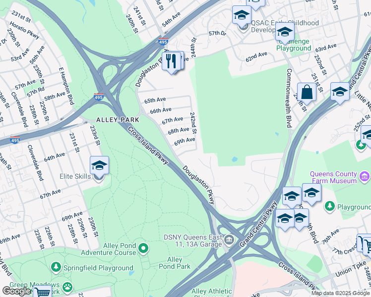 map of restaurants, bars, coffee shops, grocery stores, and more near 240-51 69th Avenue in Queens