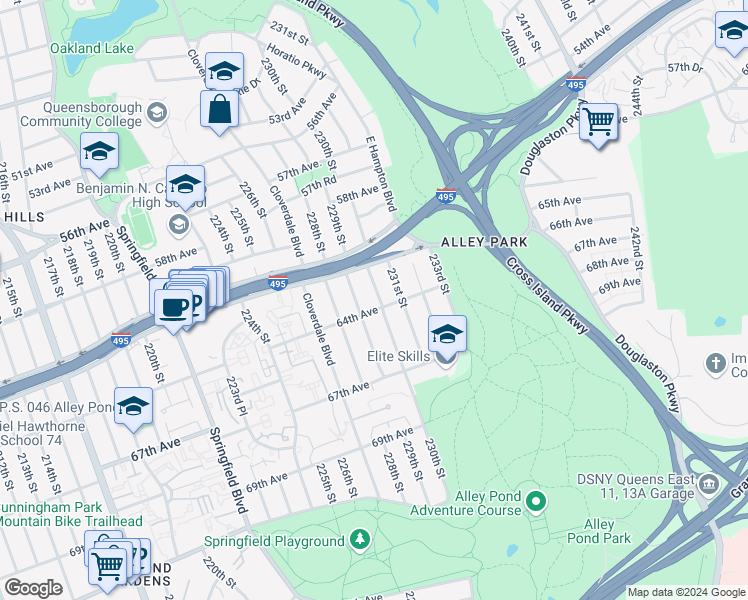 map of restaurants, bars, coffee shops, grocery stores, and more near 61-26 231st Street in Queens