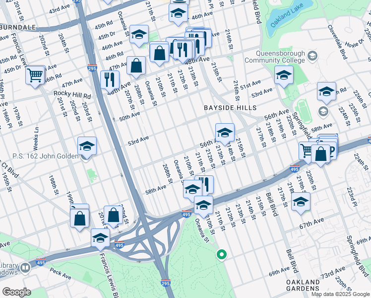 map of restaurants, bars, coffee shops, grocery stores, and more near 53-31 210th Street in Queens