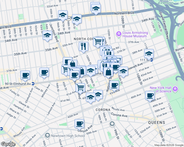 map of restaurants, bars, coffee shops, grocery stores, and more near 38-7 100th Street in Queens