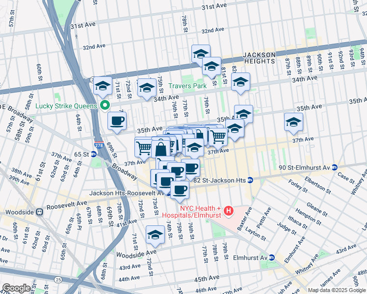 map of restaurants, bars, coffee shops, grocery stores, and more near in Queens
