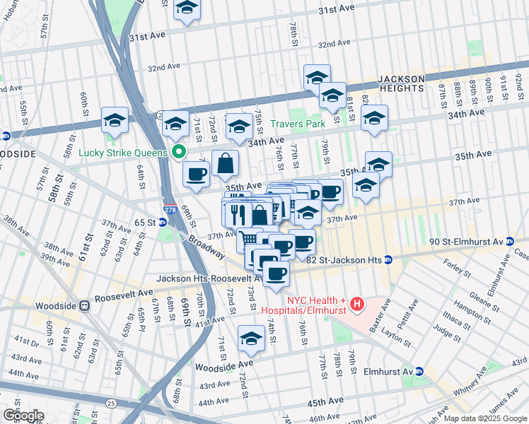 map of restaurants, bars, coffee shops, grocery stores, and more near in Queens