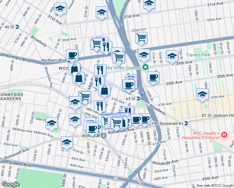 map of restaurants, bars, coffee shops, grocery stores, and more near in Queens