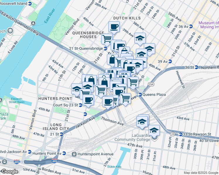 map of restaurants, bars, coffee shops, grocery stores, and more near 42-22 Crescent Street in Queens