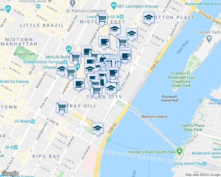 map of restaurants, bars, coffee shops, grocery stores, and more near 303 East 43rd Street in New York